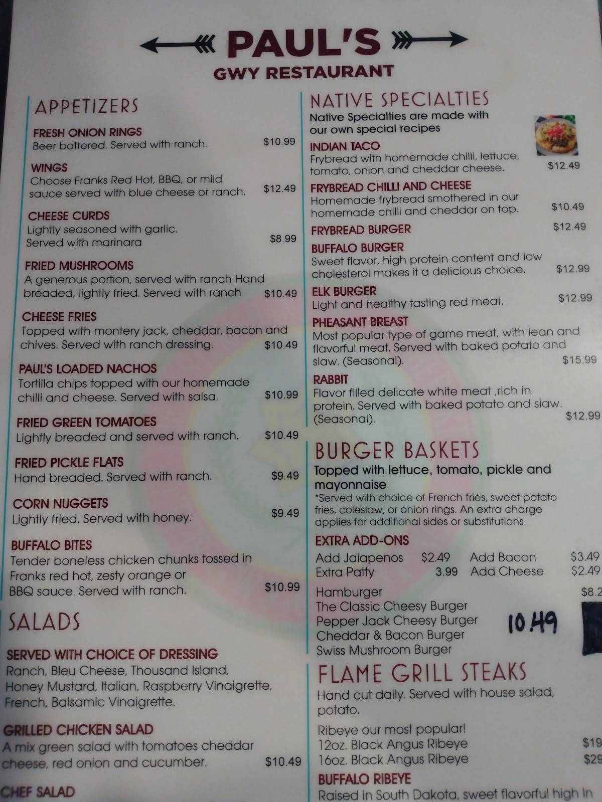 Menu at Paul's Family Restaurant, Cherokee