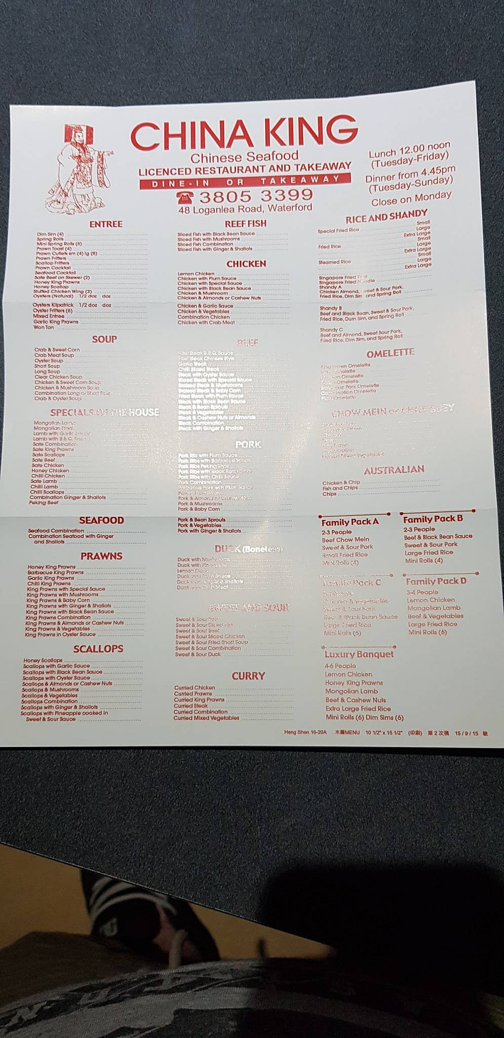 Menu at China King Restaurant, Waterford West