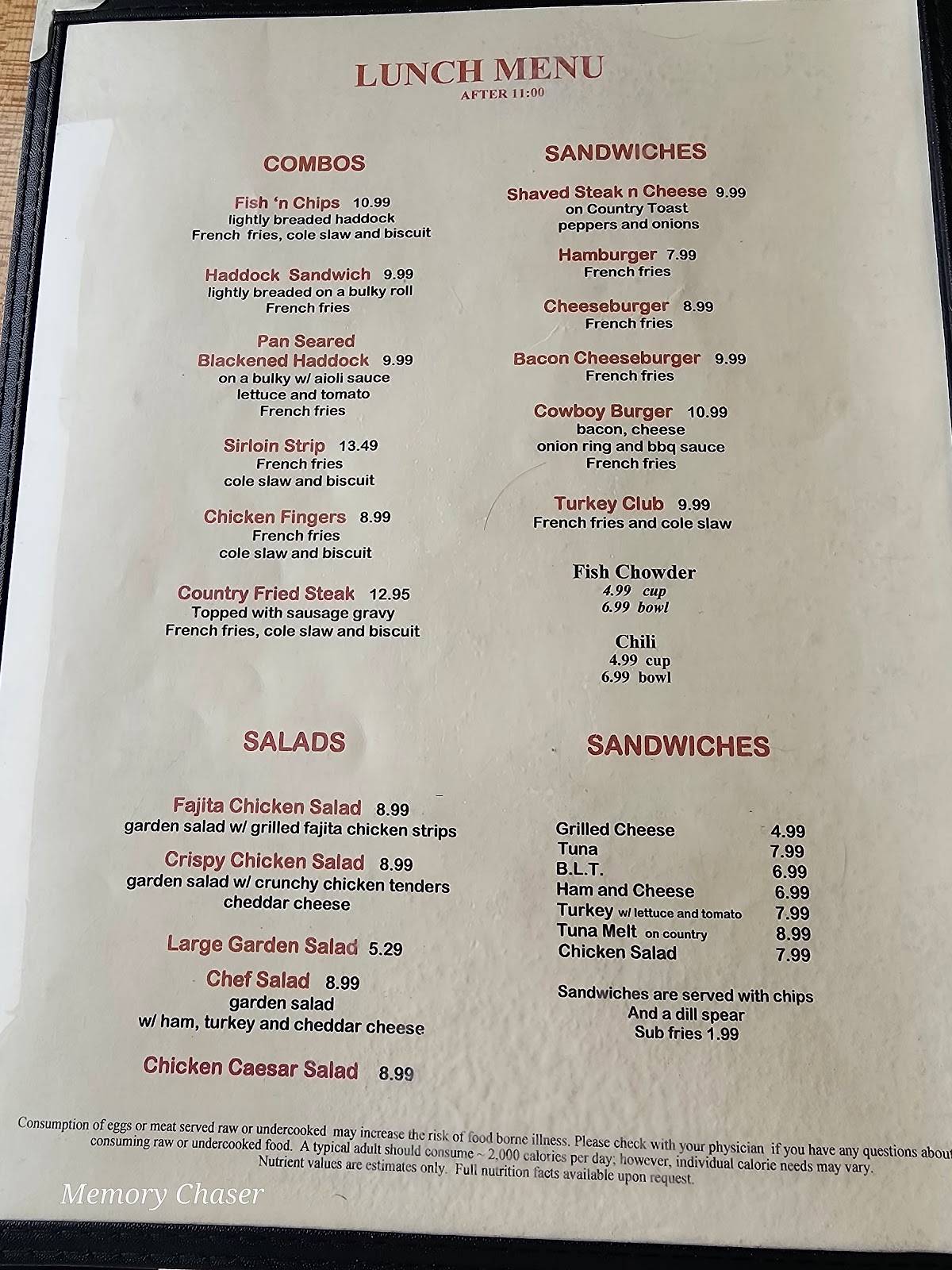 Menu at Chute's Family Restaurant, Windham