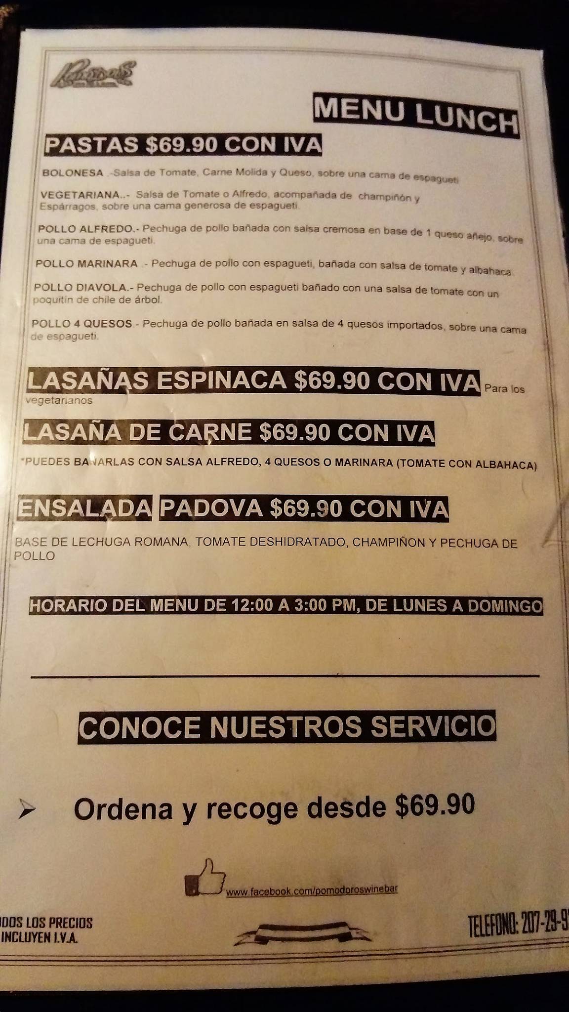 Menu at Pomodoro's restaurant, Ciudad Juarez, Blvd. Manuel Gómez Morín 7464