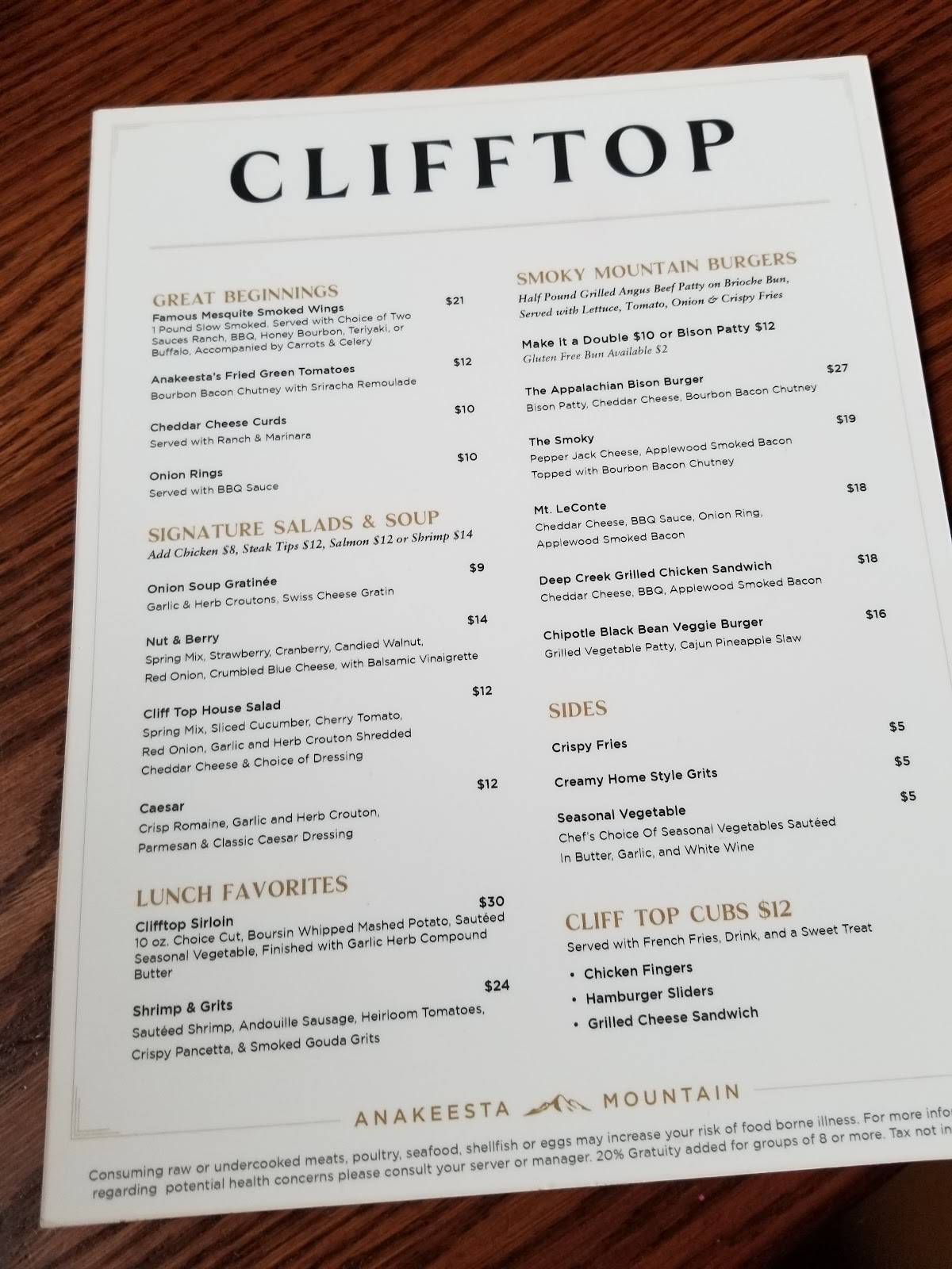 Menu at Cliff Top Restaurant at Anakeesta, Gatlinburg