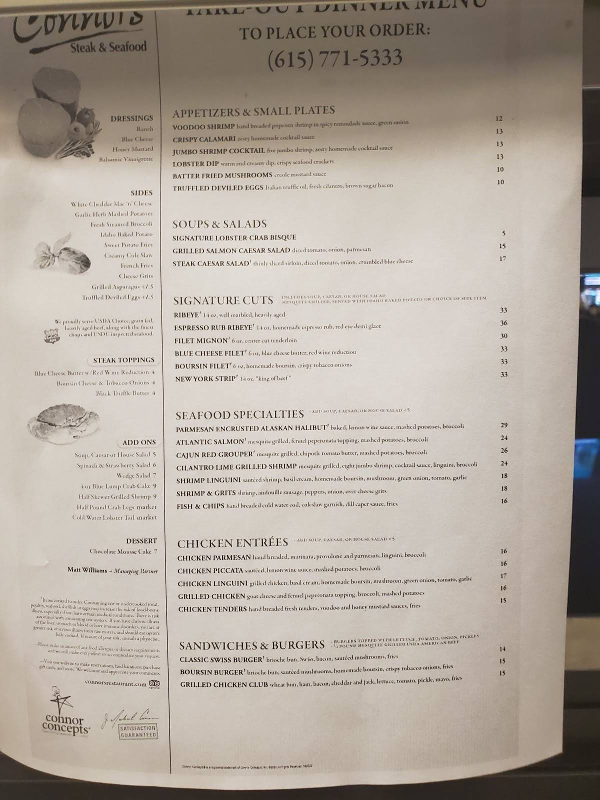 Menu at Connors Steak & Seafood pub & bar, Franklin