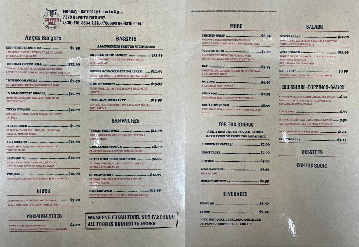 Menu at Copper Bull Bar and Grill, Navarre, Navarre Pkwy