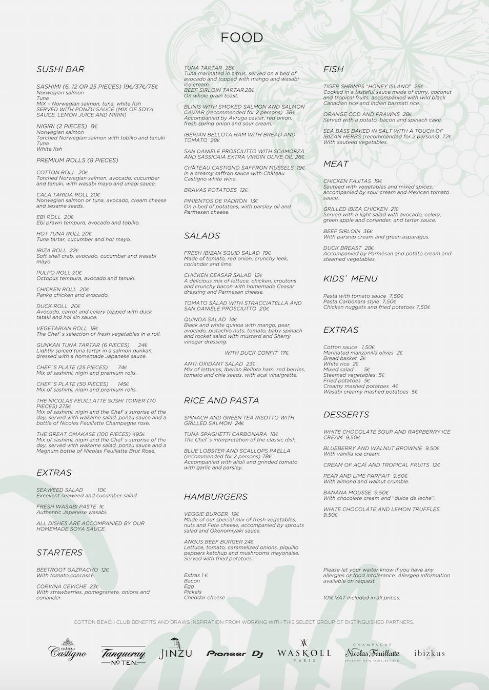 Menu at Cotton Beach Club Ibiza, Spain