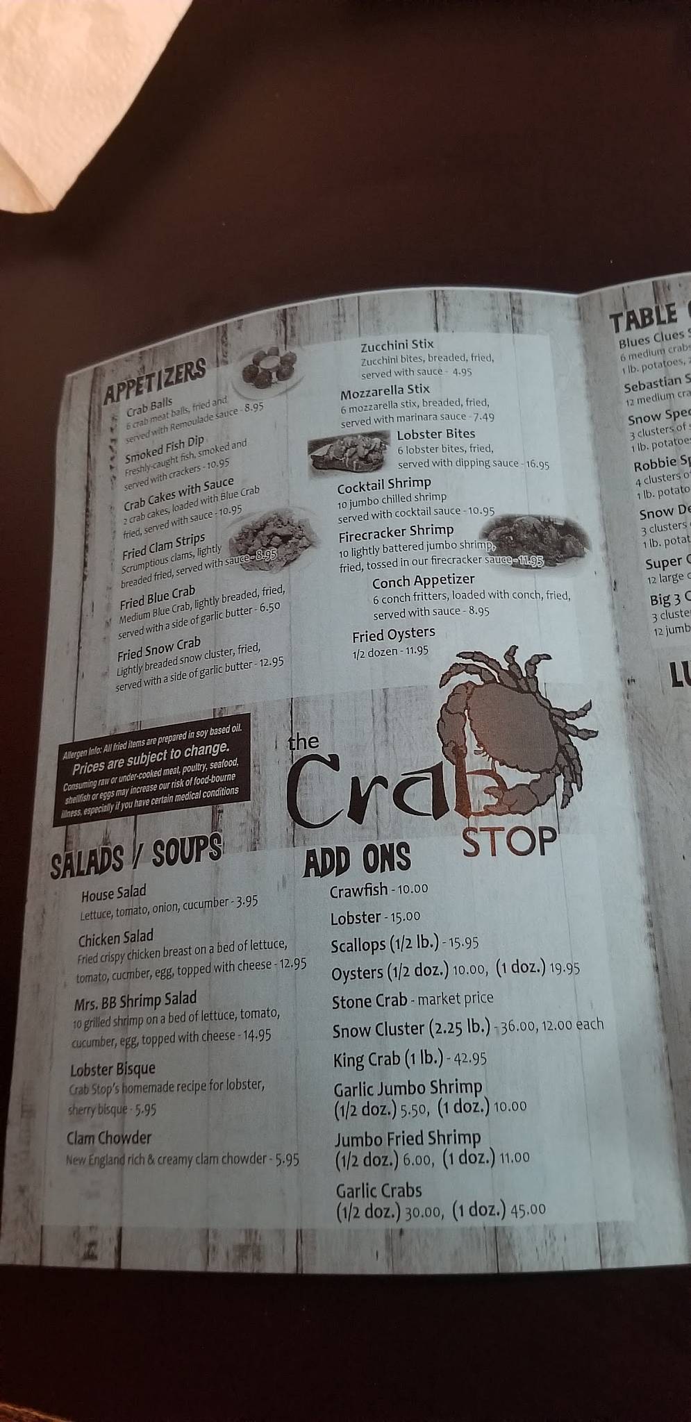 Menu at Crab Stop of Vero Beach Seafood Restaurant, Vero Beach