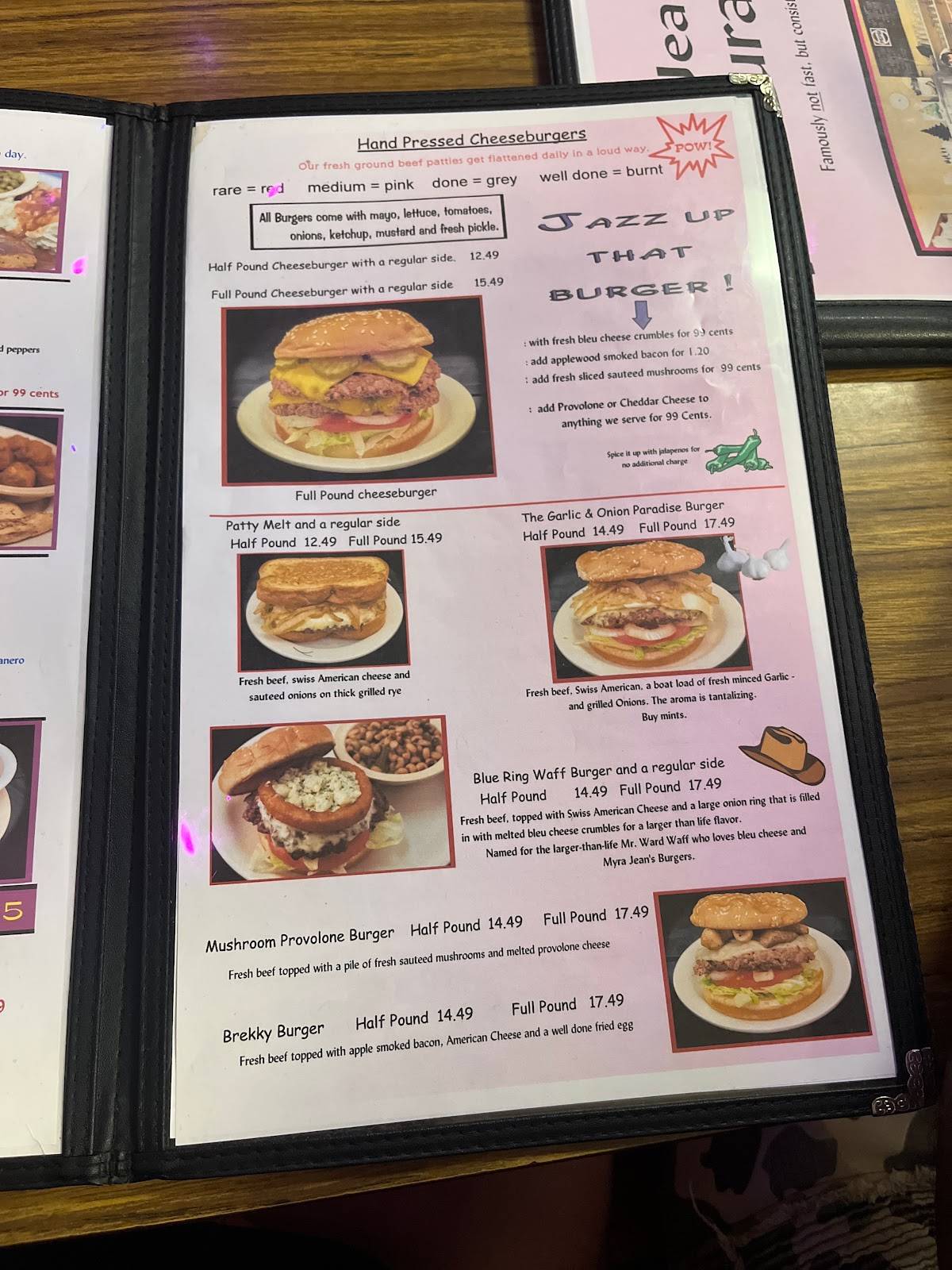 Menu at Myra Jean's restaurant, Crawfordville
