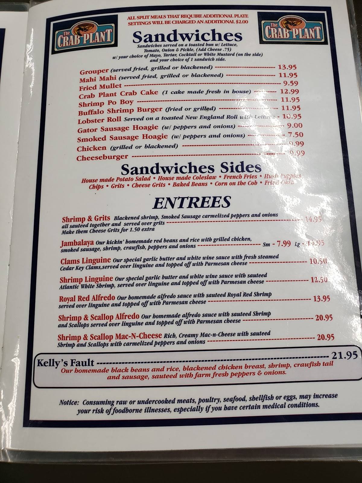 Menu at The Crab Plant restaurant, Crystal River
