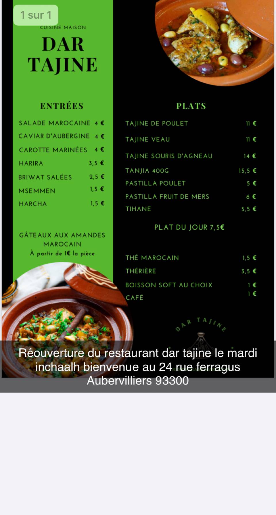 Menu au DAR TAJINE restaurant, Aubervilliers