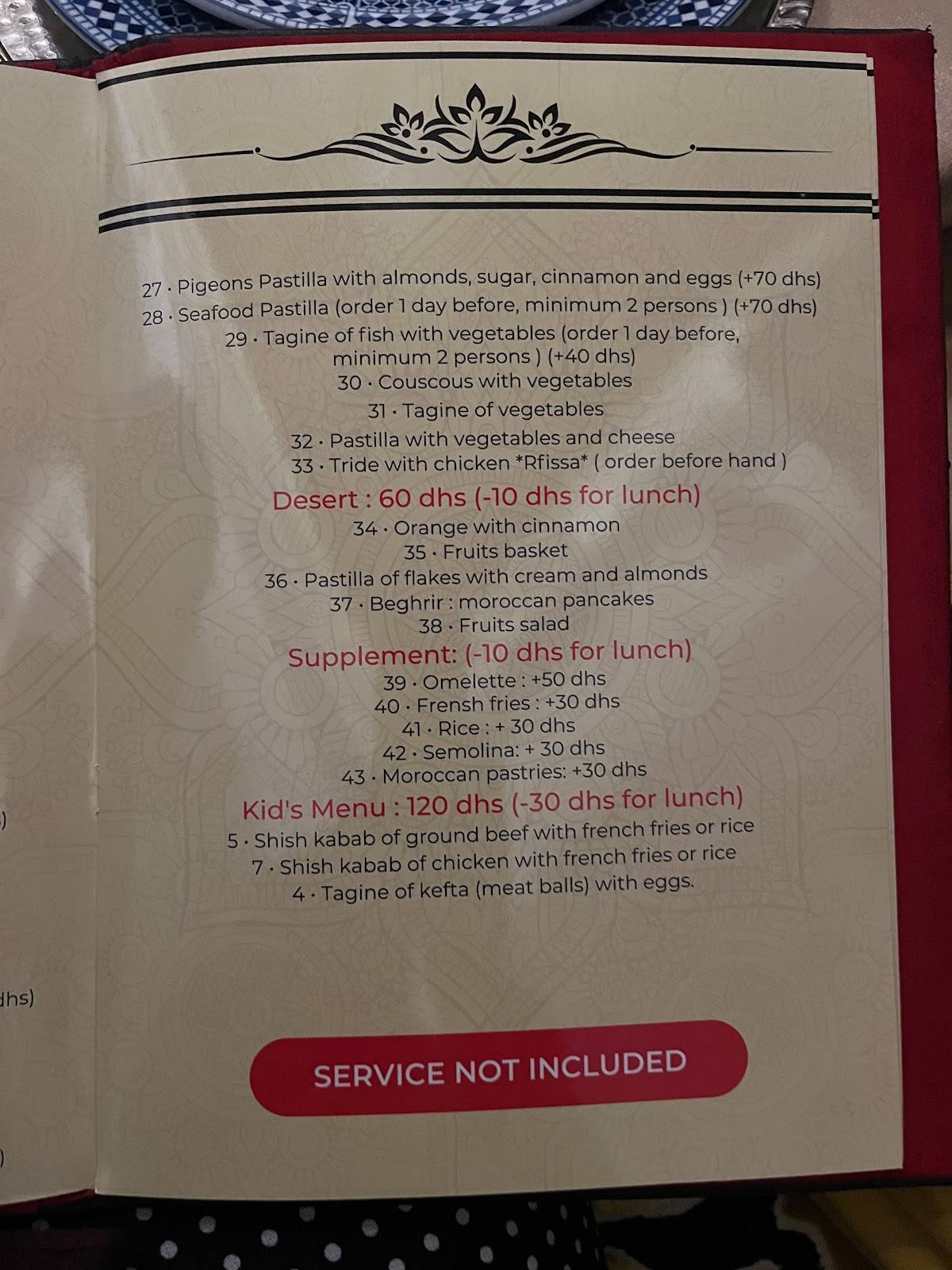 Carta del restaurante Dar Essalam, Marrakech