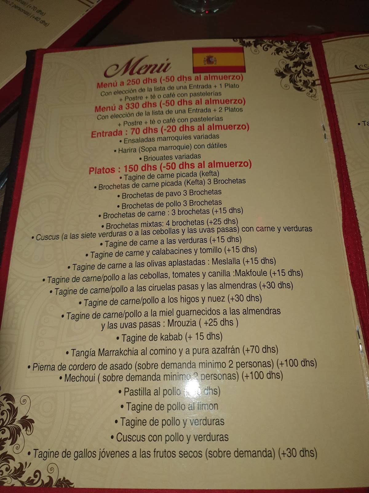 Carta del restaurante Dar Essalam, Marrakech