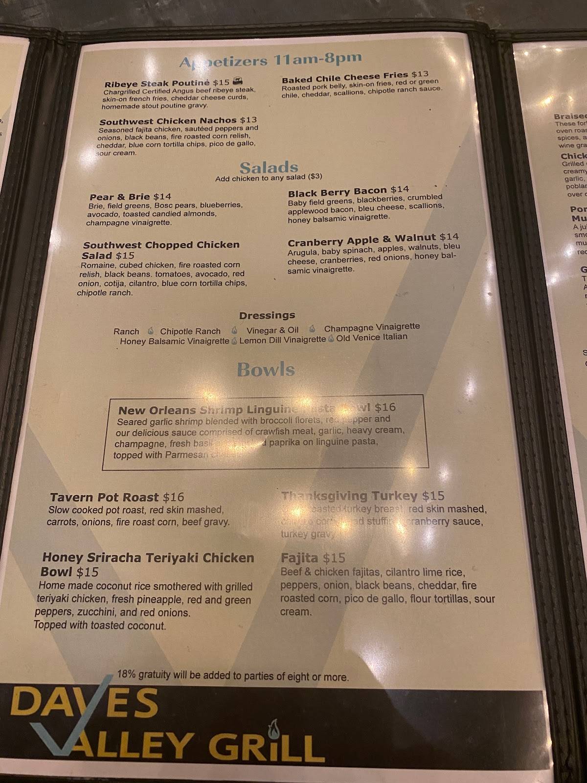 Menu at Dave's Valley Grill cafe, Los Ranchos de Albuquerque