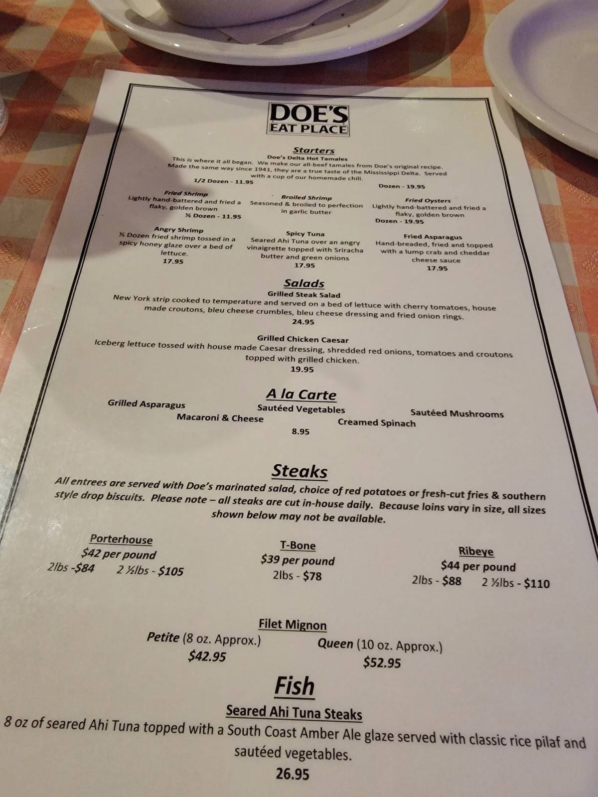 Menu at Doe's Eat Place steakhouse, Baton Rouge