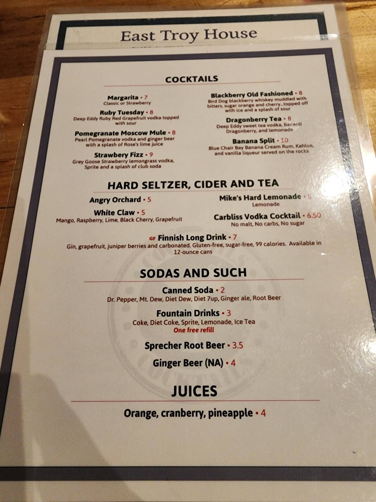 Menu at East Troy House RestaurantBar, East Troy, Division St