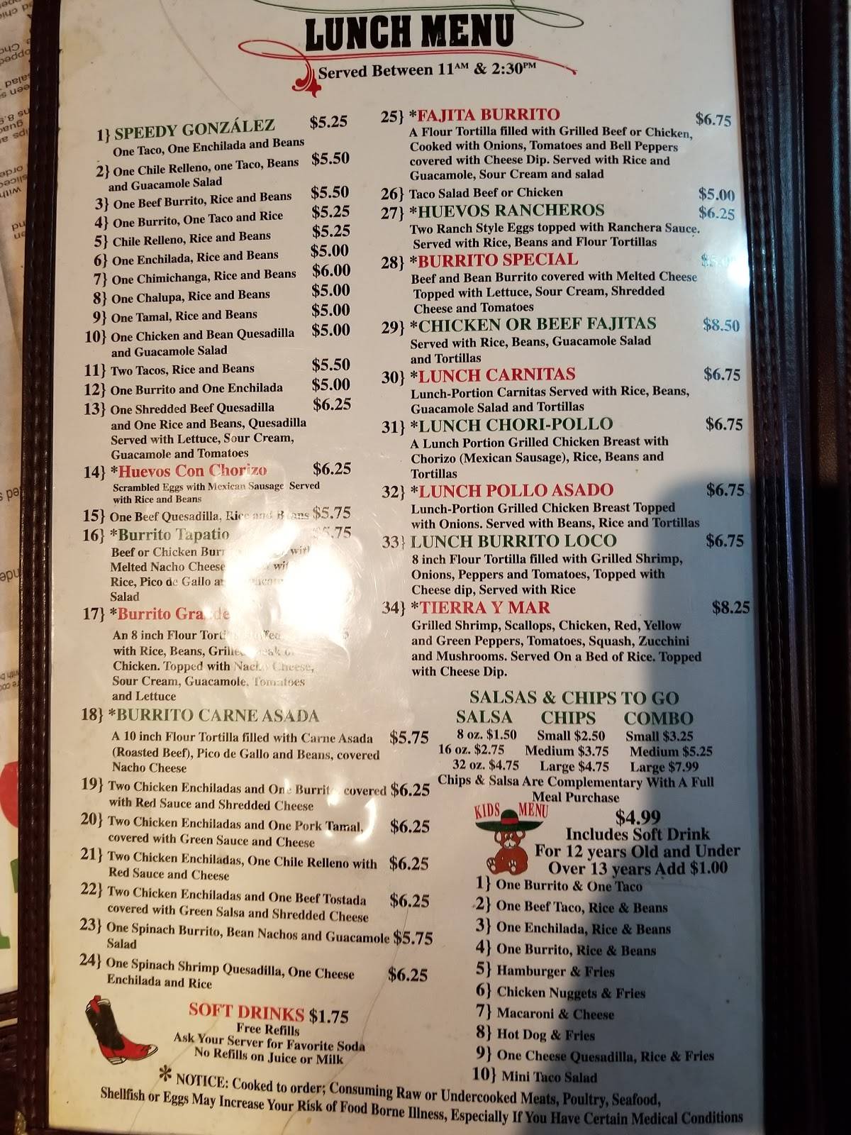 Menu at El Saucito Mexican Restaurant, South Hill