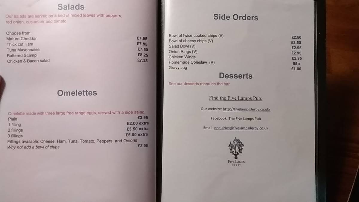 Menu at Five Lamps Pub, Derby