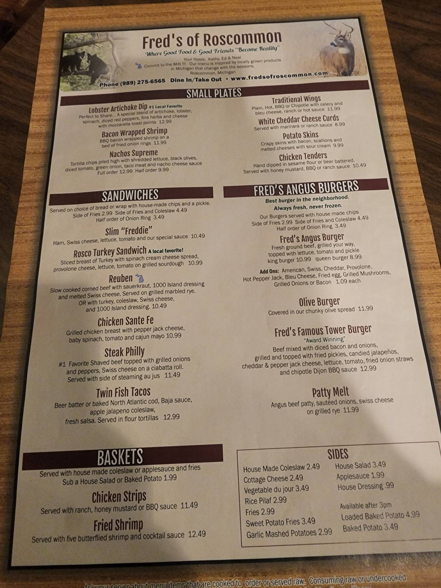 Menu at Fred's of pizzeria,