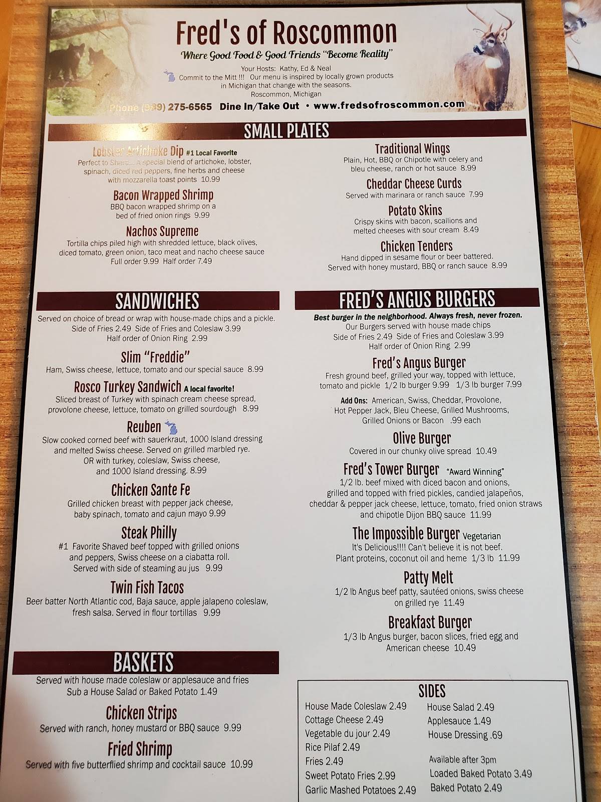 Menu at Fred's of pizzeria,