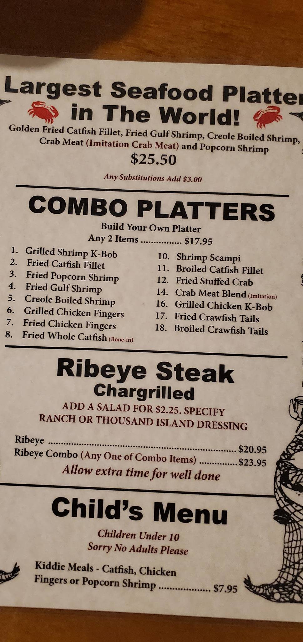 Menu at Top O' the River restaurant, Gadsden