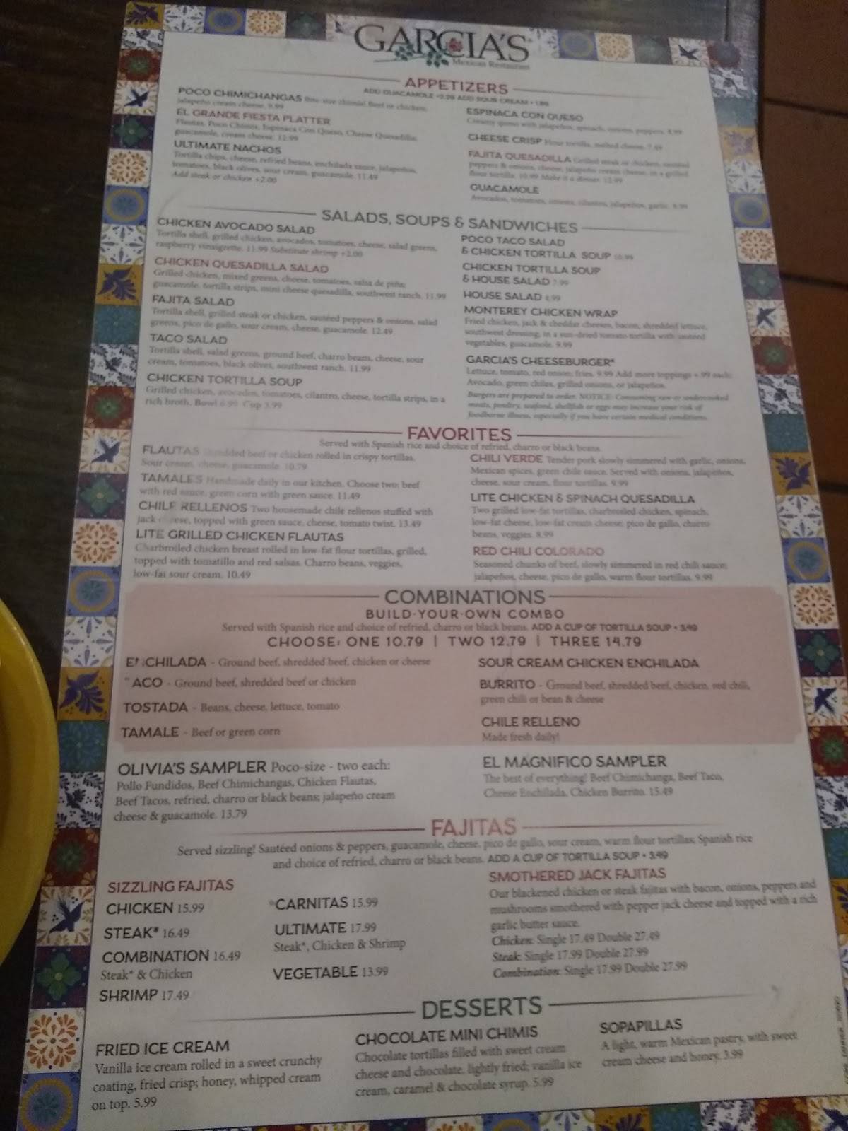 Menu at Garcia's Las Avenidas restaurant, Phoenix