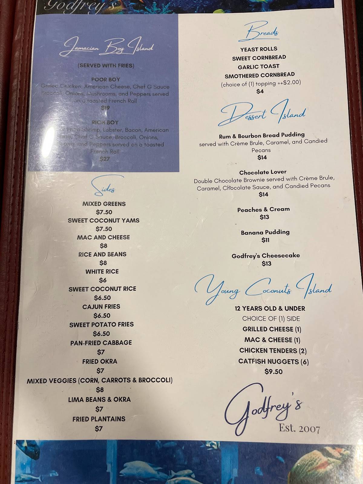 Menu at Godfrey's Flagship restaurant, Flowood