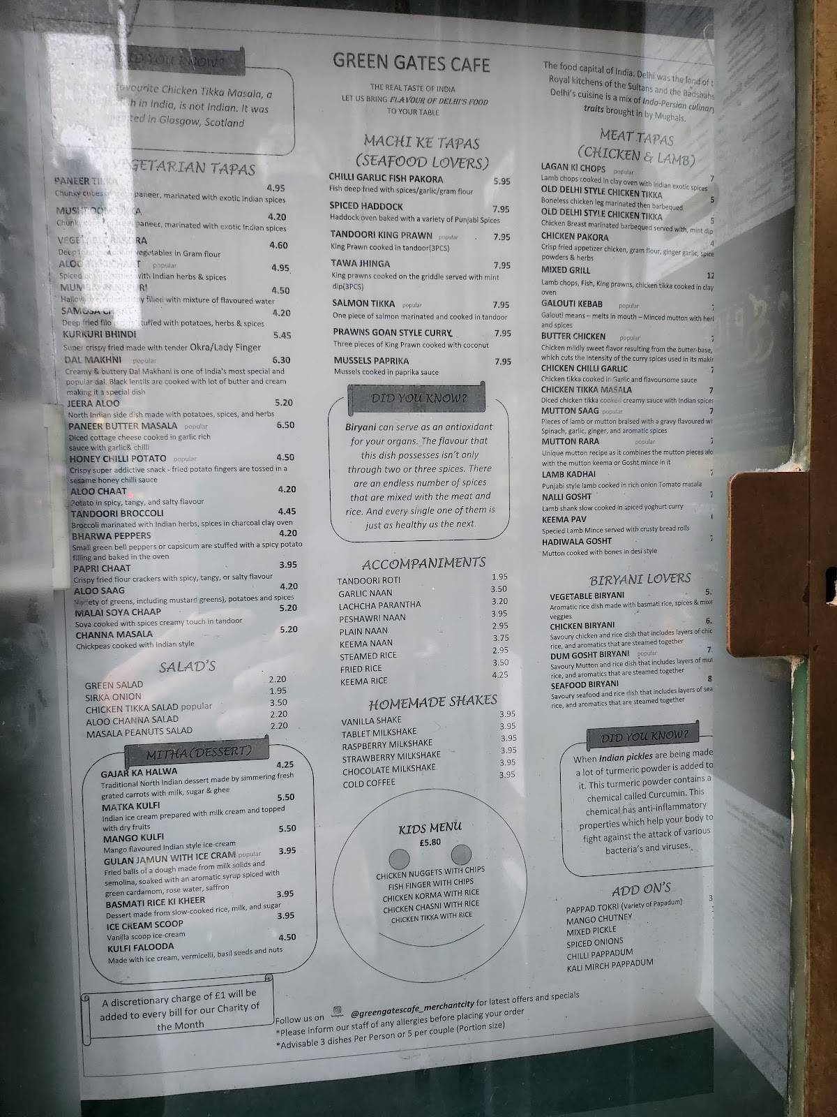 Menu at Green Gates Cafe, Glasgow
