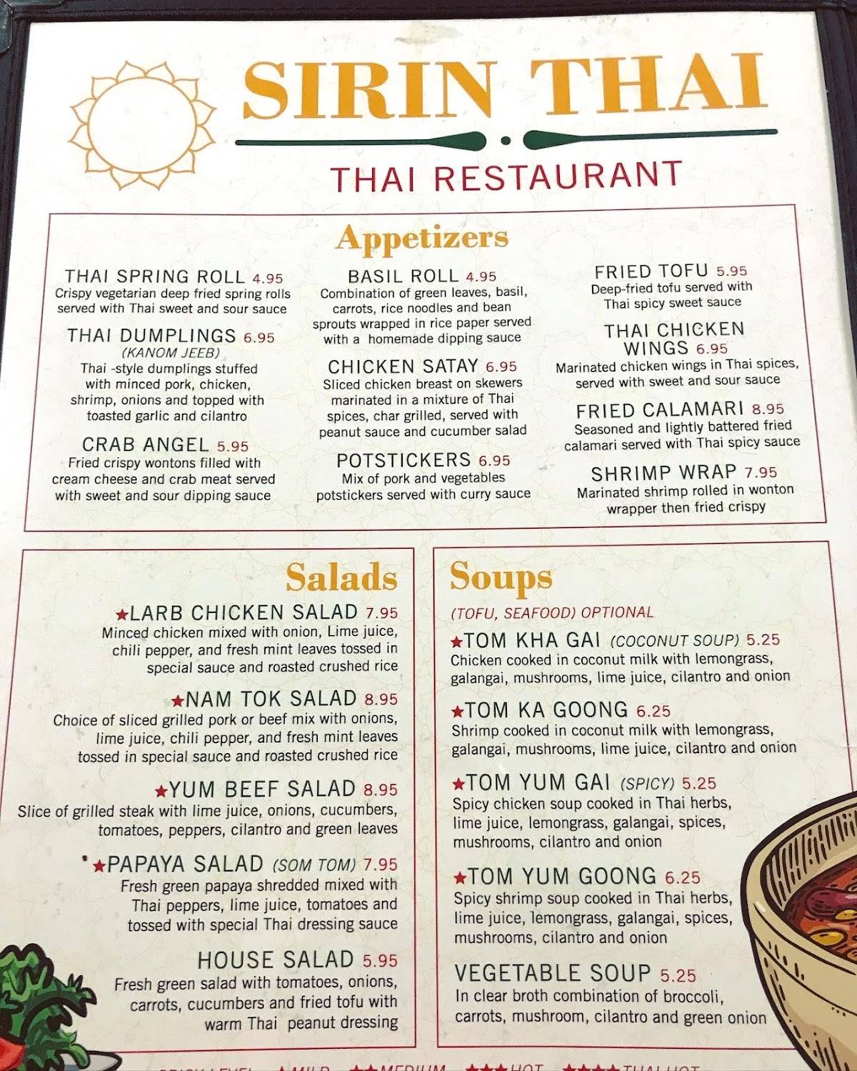 Menu at Sirin Thai SC restaurant, Greenville
