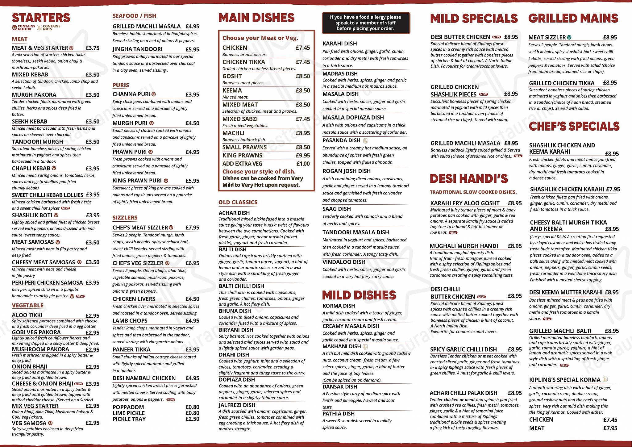 Menu at Kiplings Indian Restaurant, Halifax