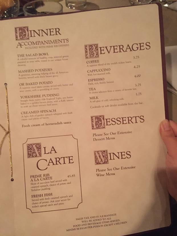 Menu at House of Prime Rib pub & bar, San Francisco