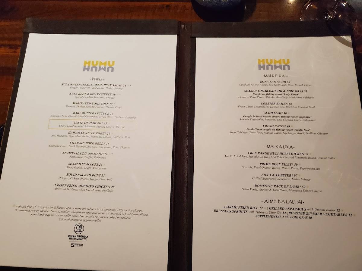 Menu at Humuhumunukunukuapua'a restaurant, WaileaMakena, Wailea Alanui Dr