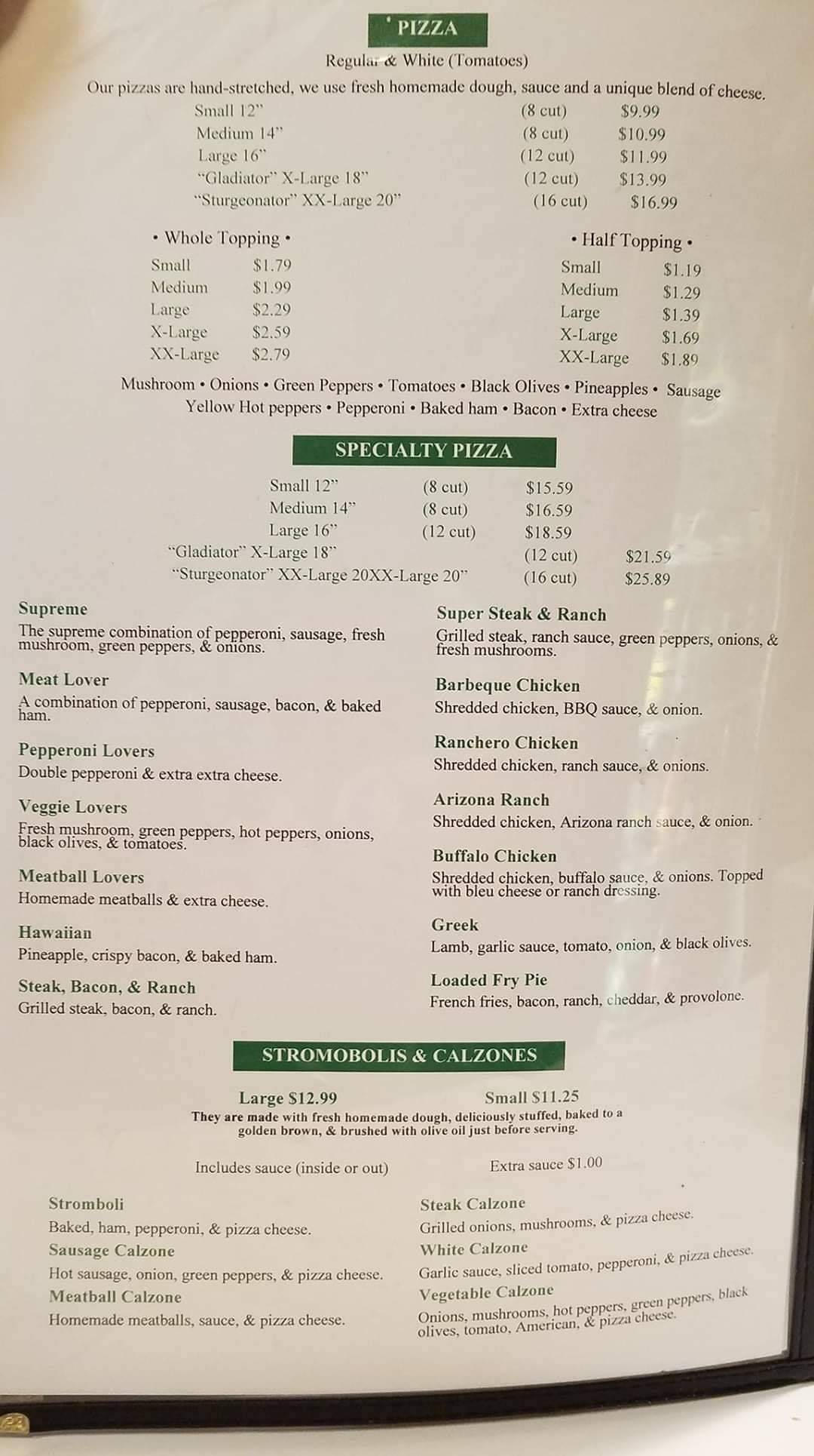 Menu at Hunner's Pizza & Restaurant, Sturgeon
