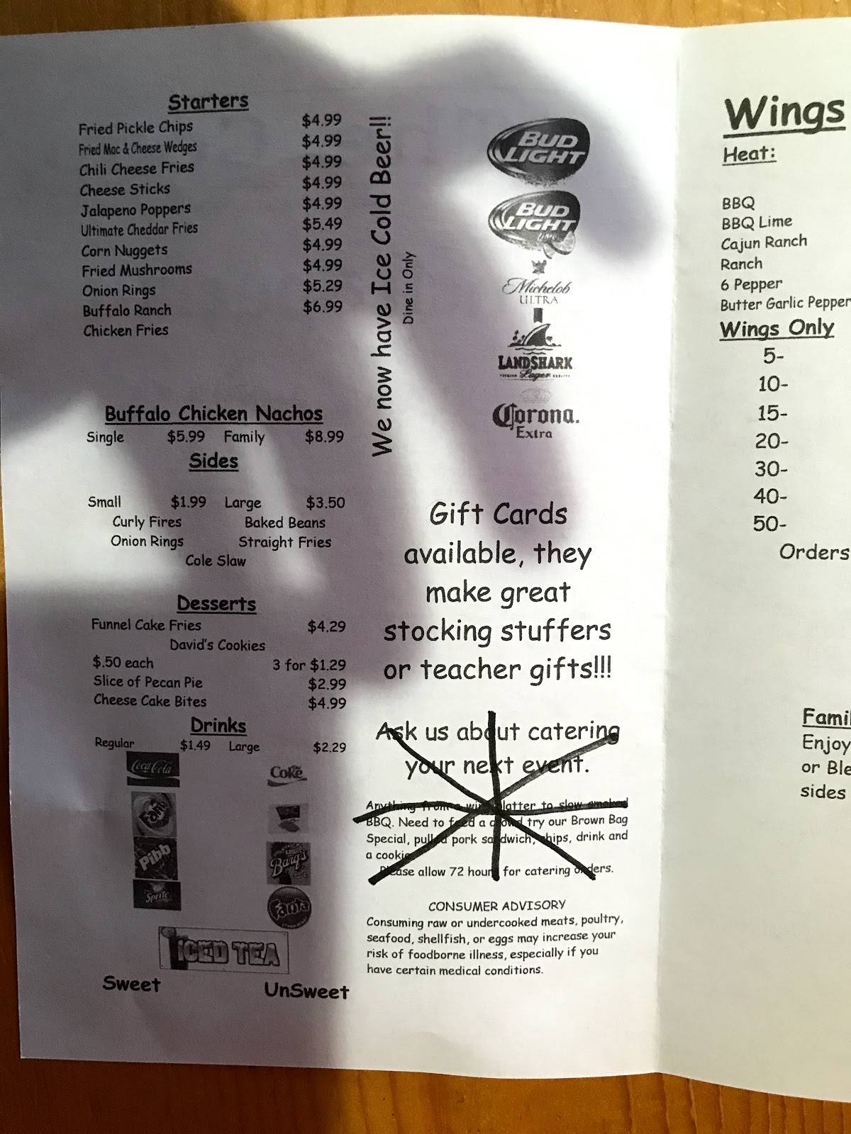 Menu at The Coop restaurant, Macclenny