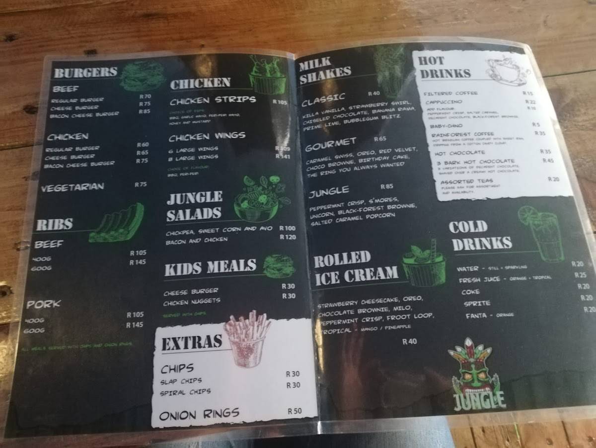 Menu at Jungle restaurant, Johannesburg