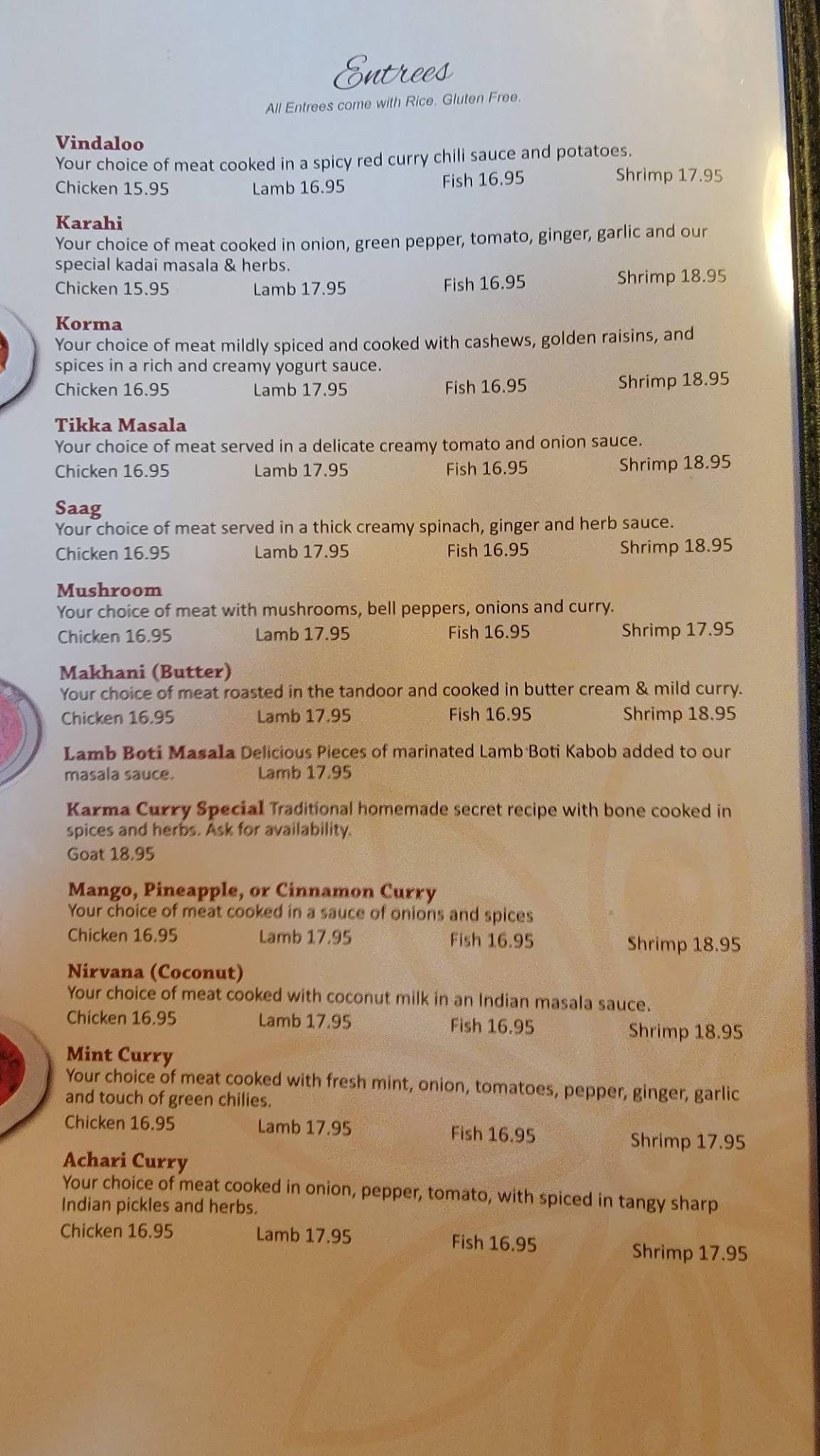 Menu at Karma Indian Cuisine and Lounge restaurant, Puyallup