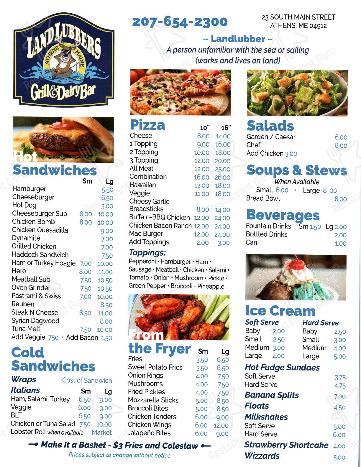 Menu at LandLubbers Grill and Dairy Bar, Athens