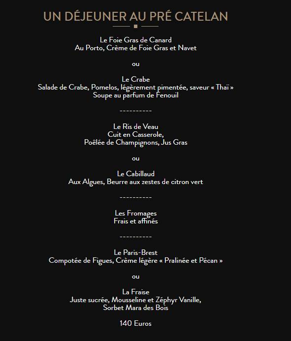 Menu Au Restaurant Le Pr Catelan Paris Route De La Grande Cascade