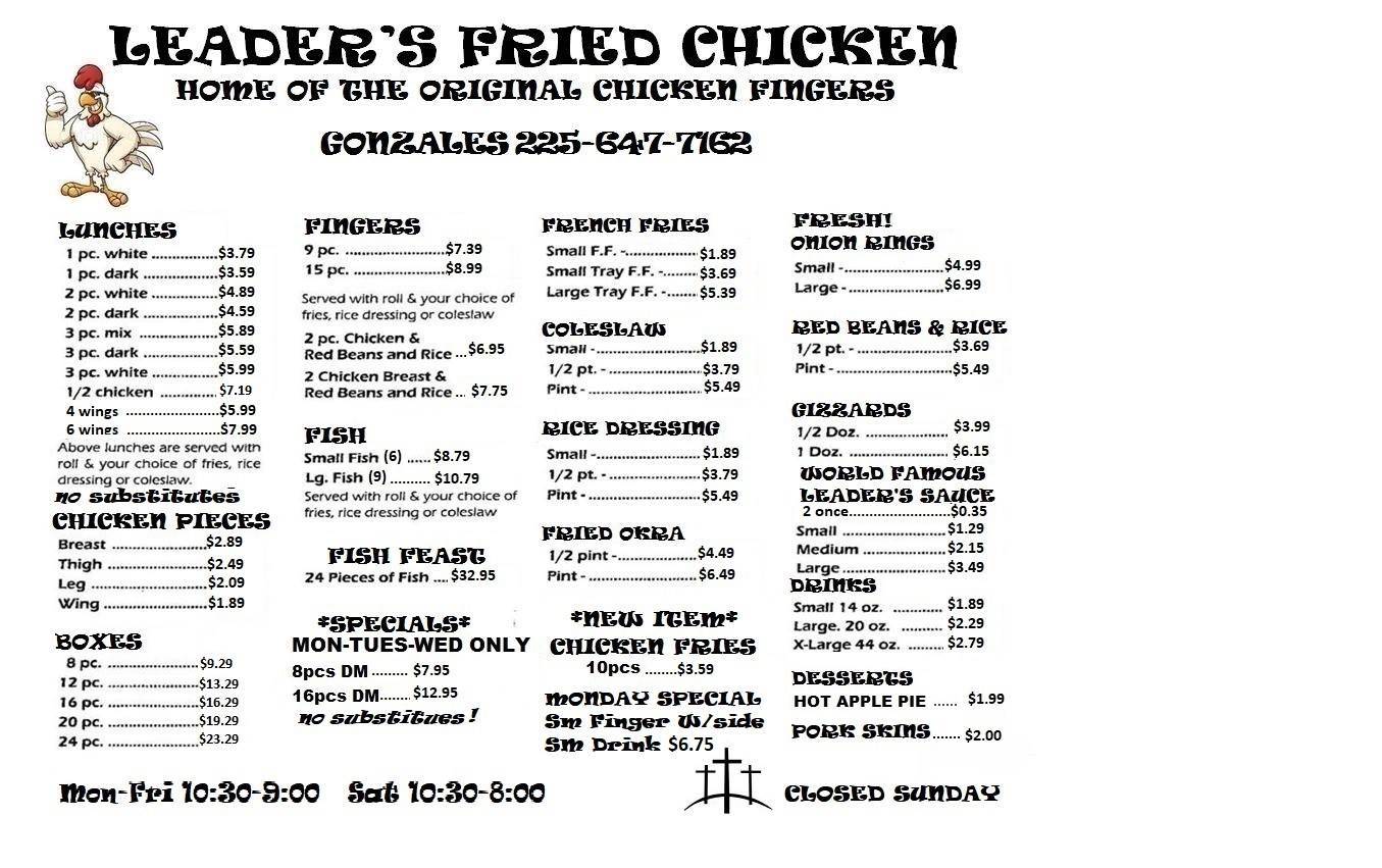 Menu at Leader's Fried Chicken restaurant, Gonzales