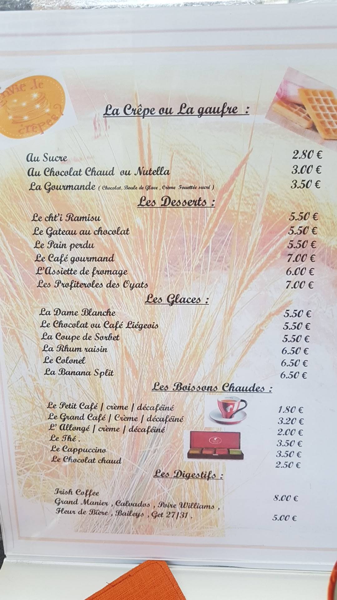 Menu au Les Oyats restaurant, Leffrinckoucke