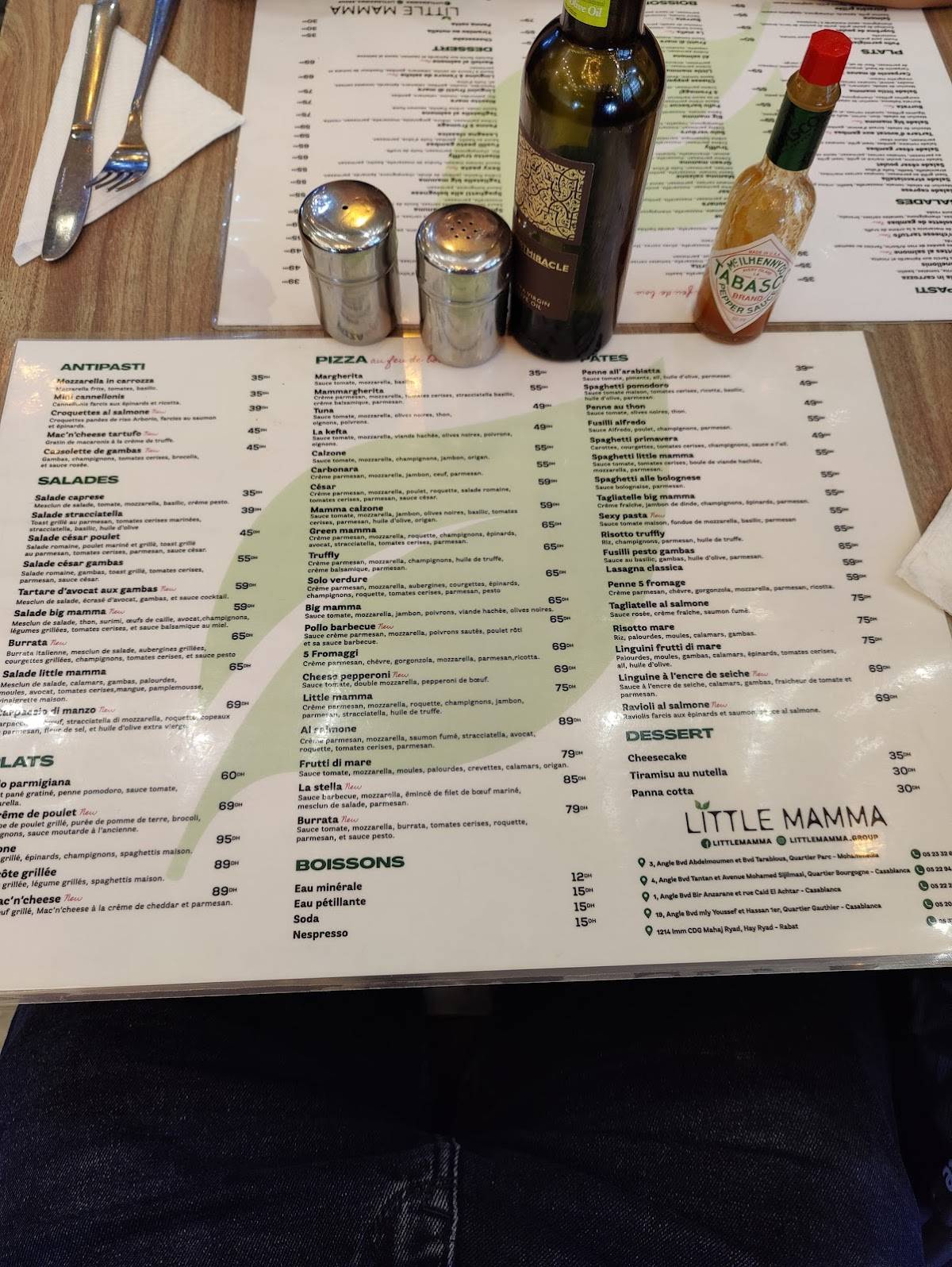 Menu au Little Mamma restaurant, Casablanca, Rue Kaid al Achtar