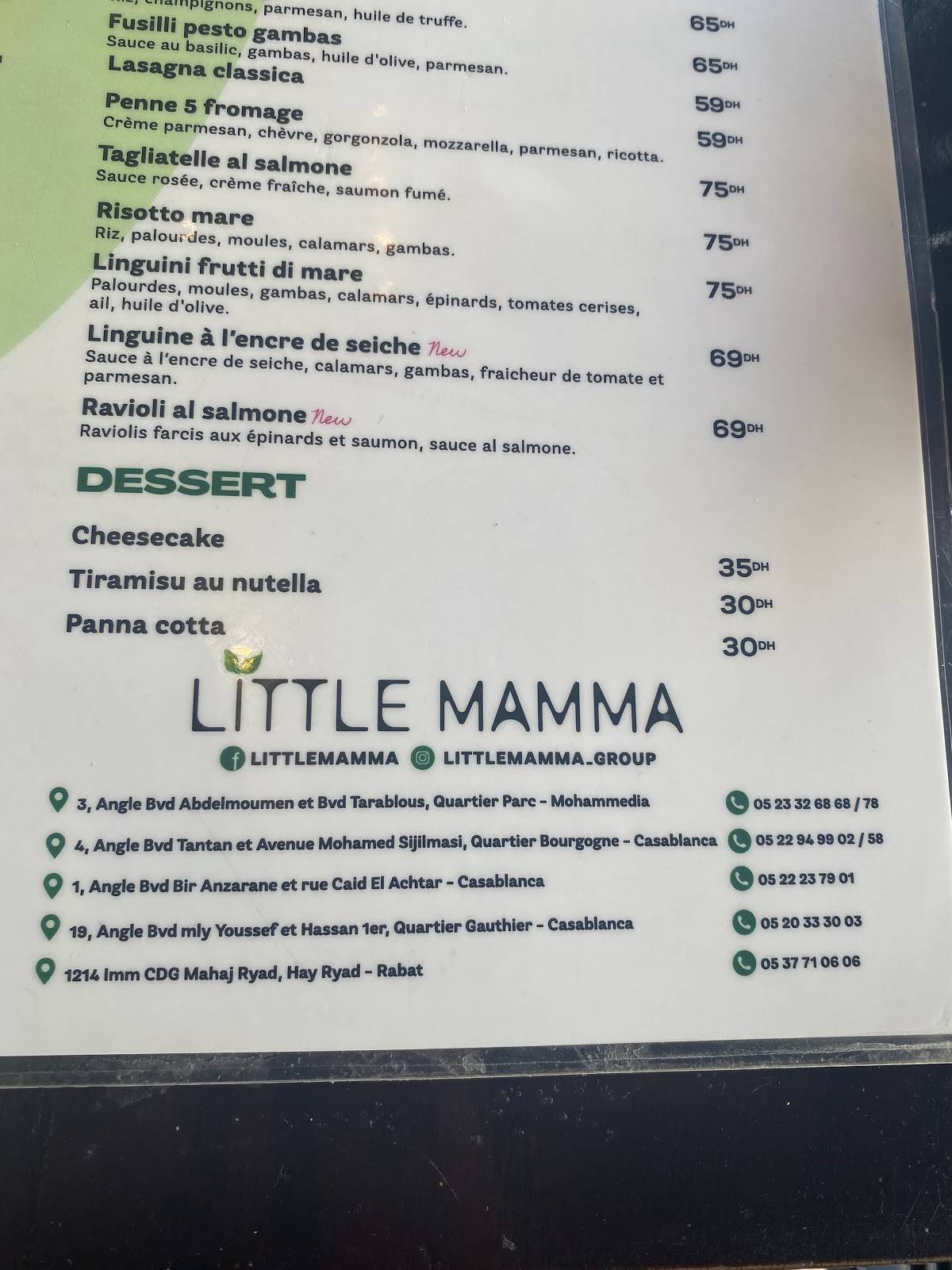 Menu au Little Mamma restaurant, Casablanca, Rue Kaid al Achtar