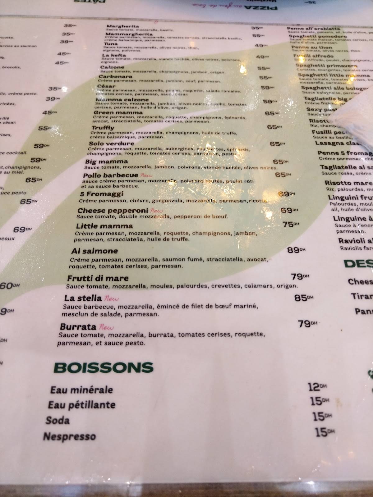 Menu au Little Mamma restaurant, Casablanca, Rue Kaid al Achtar