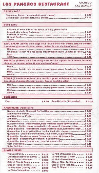 Los Panchos Restaurant - Pleasant Hill menu
