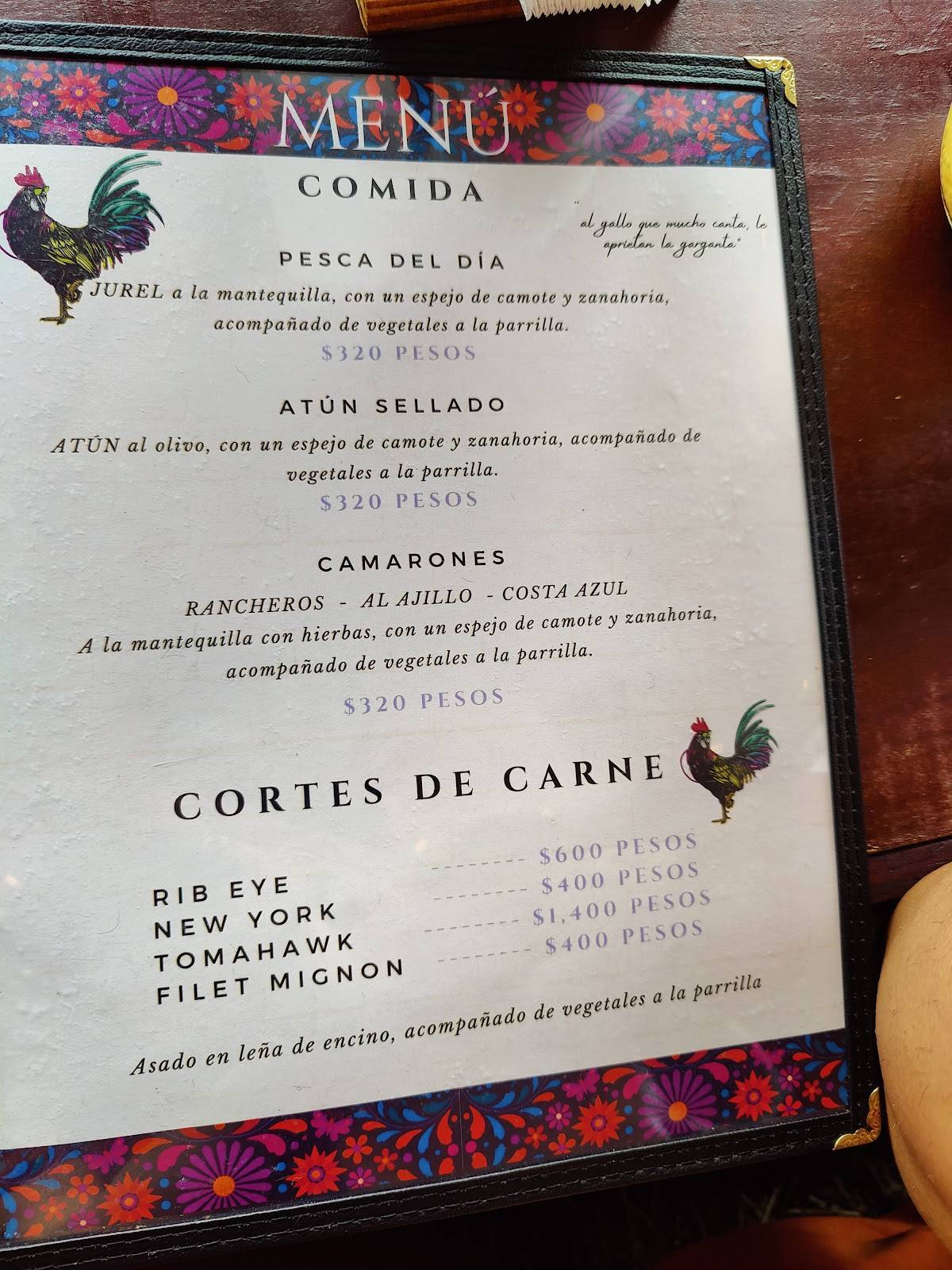 Menu at Los Portales de García restaurant, Campeche