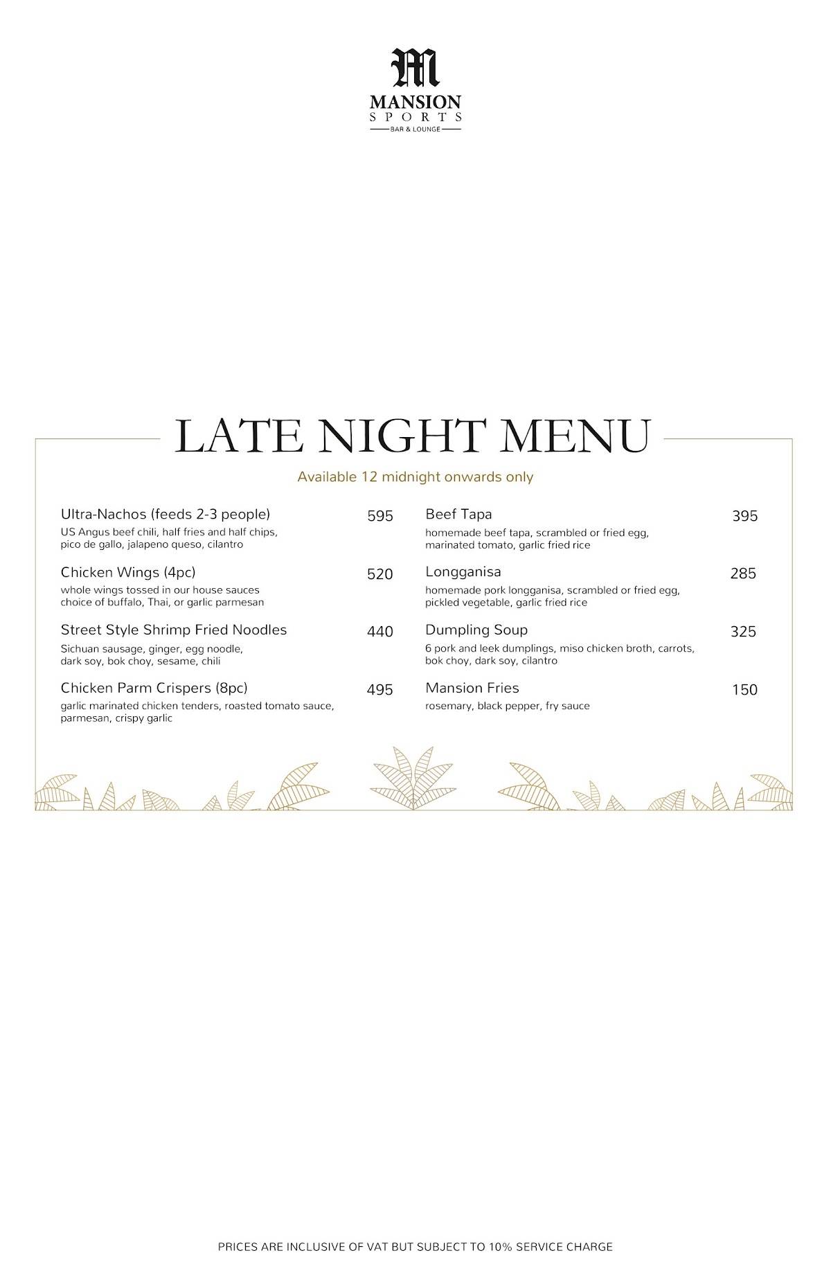 Menu at Mansion Sports Bar and Lounge, Makati