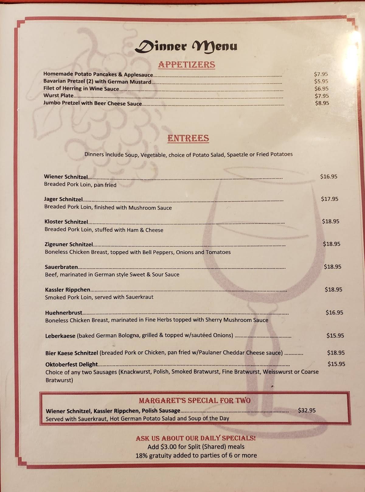 Menu at Margaret's German Restaurant, Tulsa, S Sheridan Rd