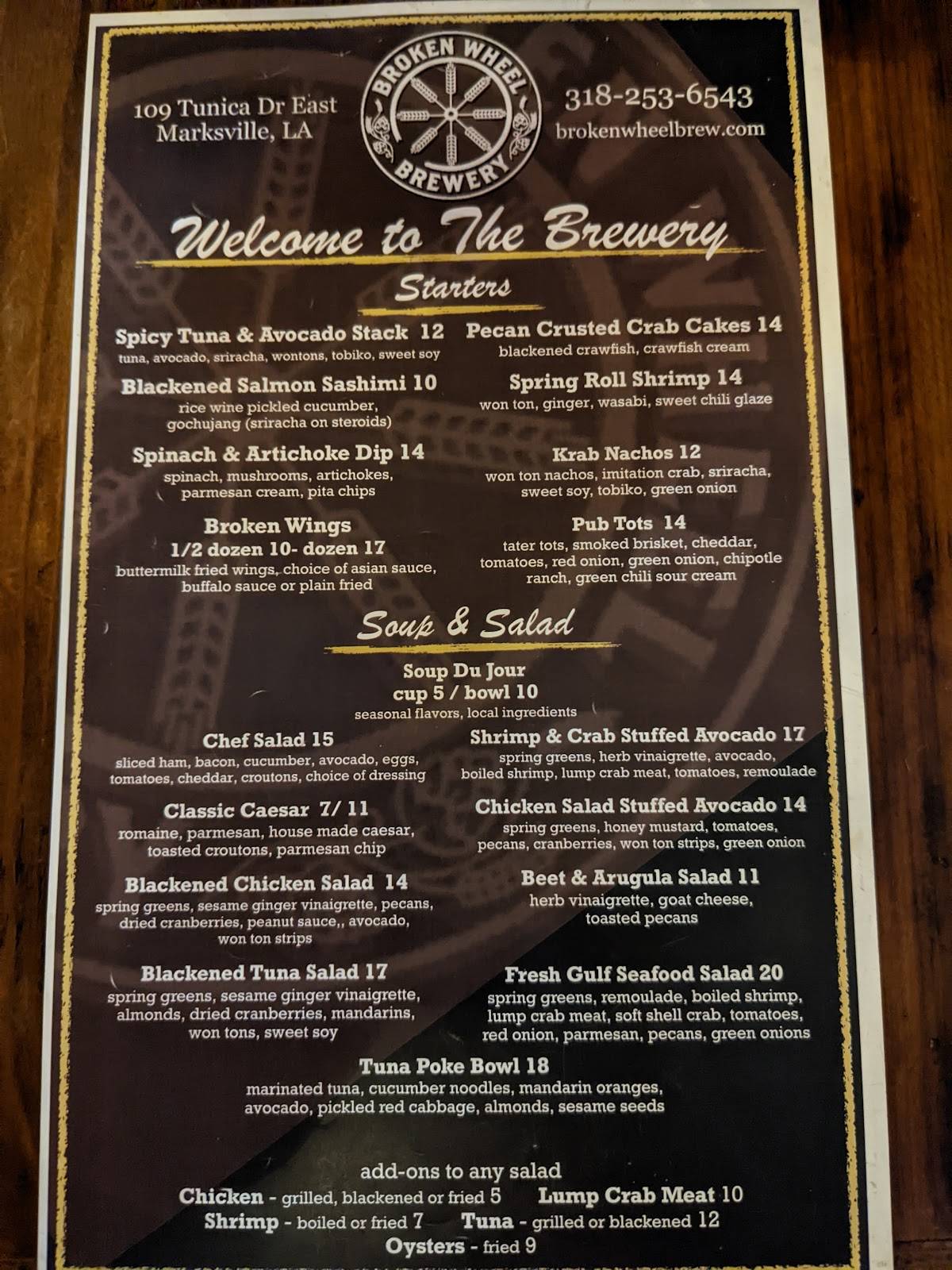 Menu at Broken Wheel Brewery & Bistro restaurant, Marksville