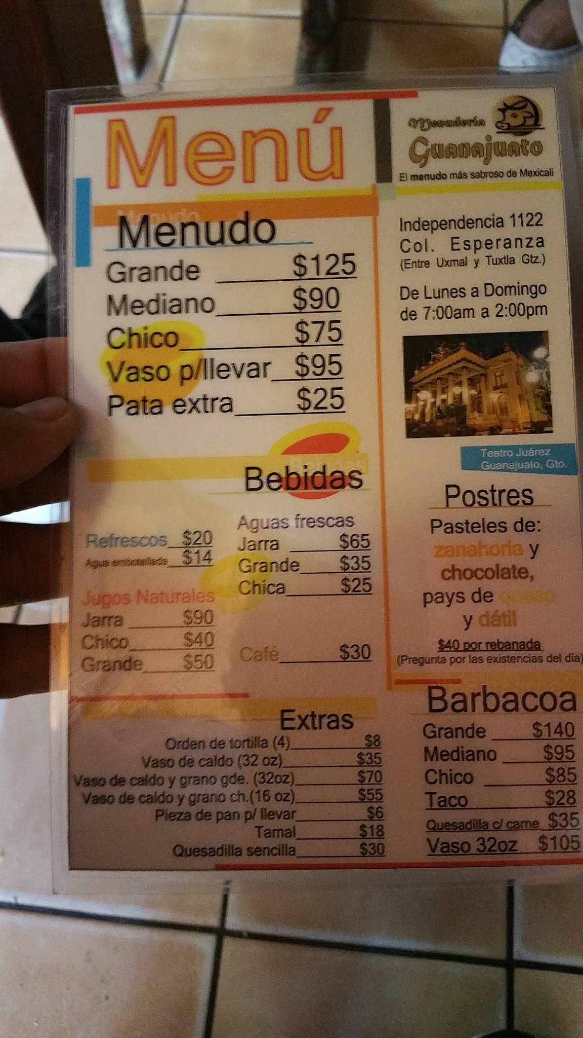 Carta del restaurante Menuderia Guanajuato, Mexicali