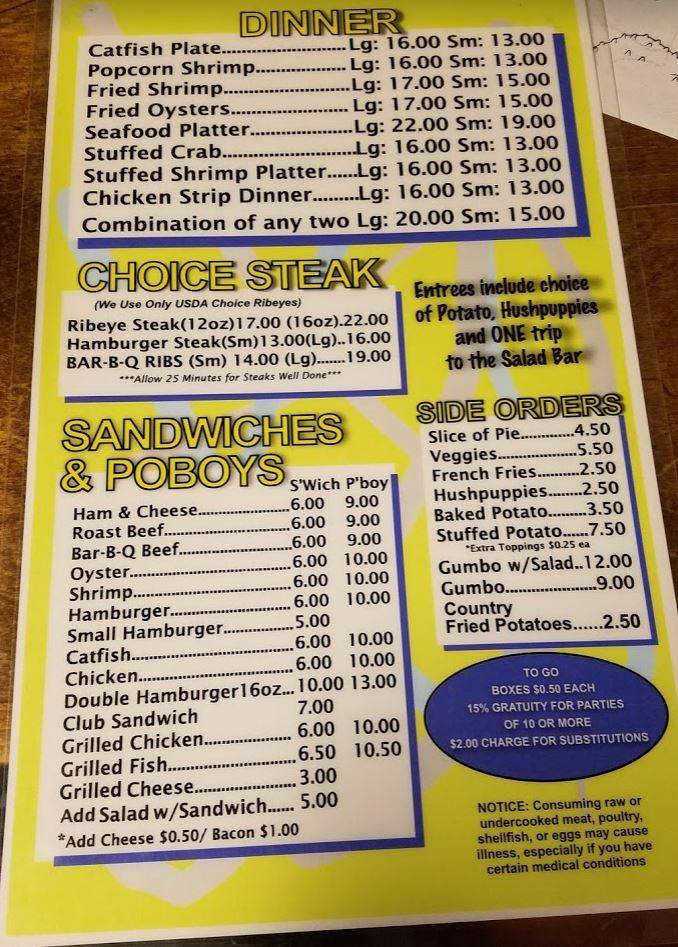 Menu at Mike's Catfish Inn restaurant, Amite City