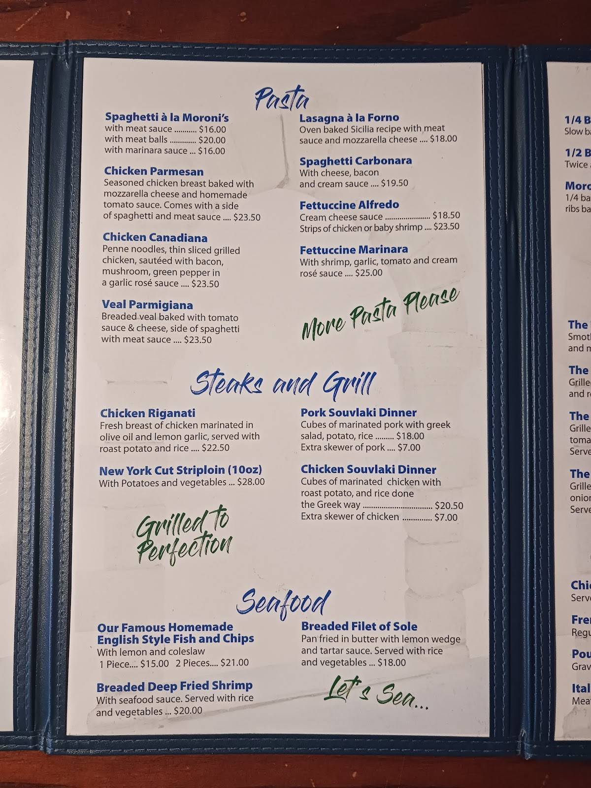 Menu at Moroni's pizzeria, Gananoque