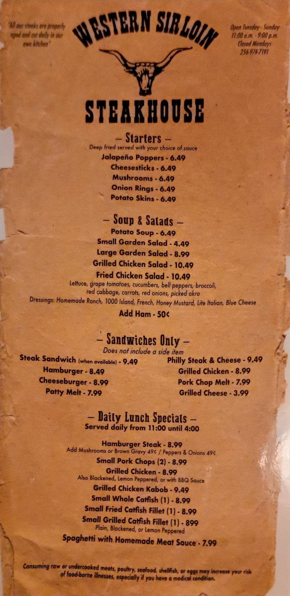Menu at Western Sirloin Steakhouse, Moulton, AL157
