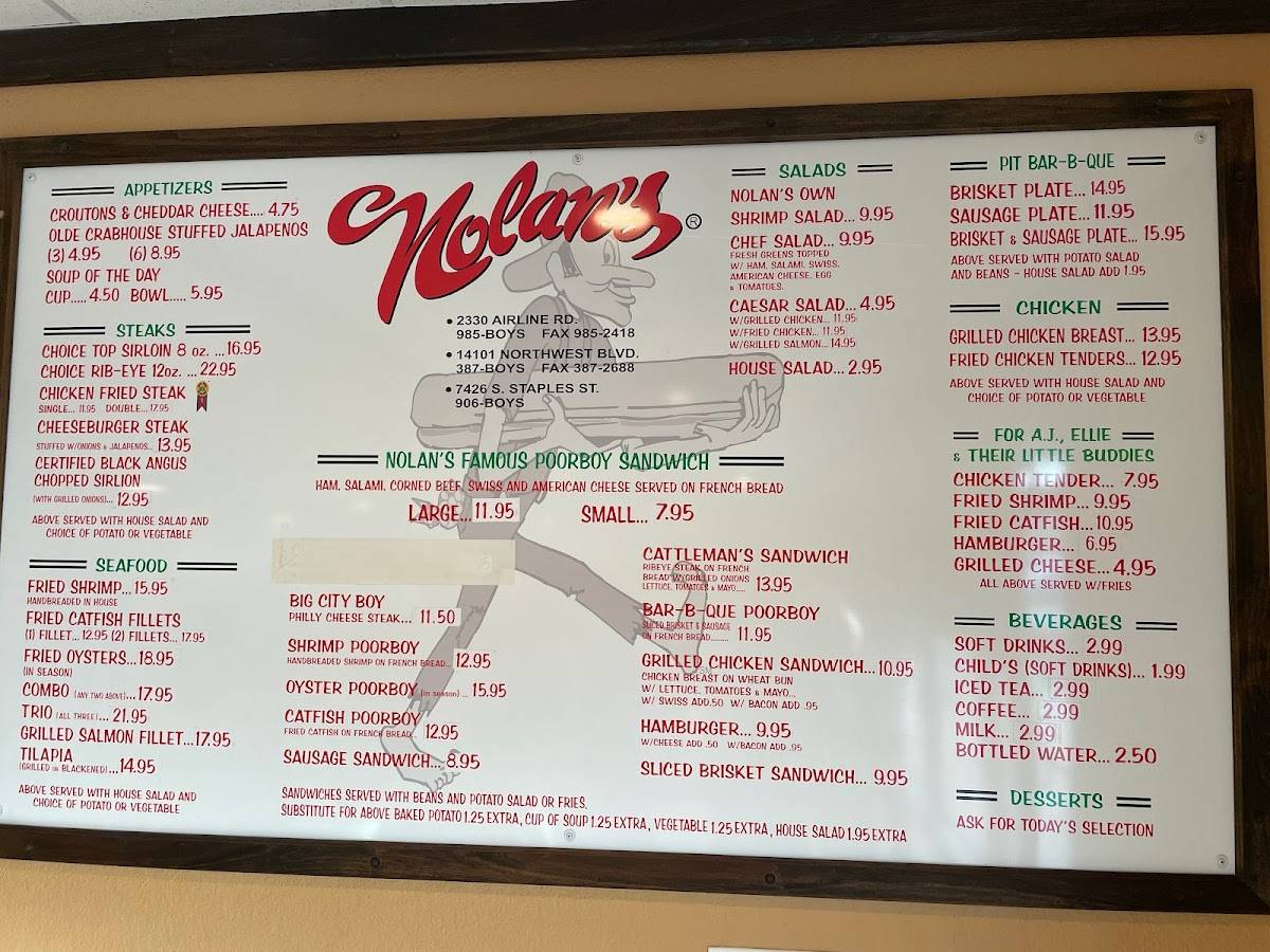 Menu at Nolan’s Restaurant 4117 south staples, Corpus Christi, S Staples St